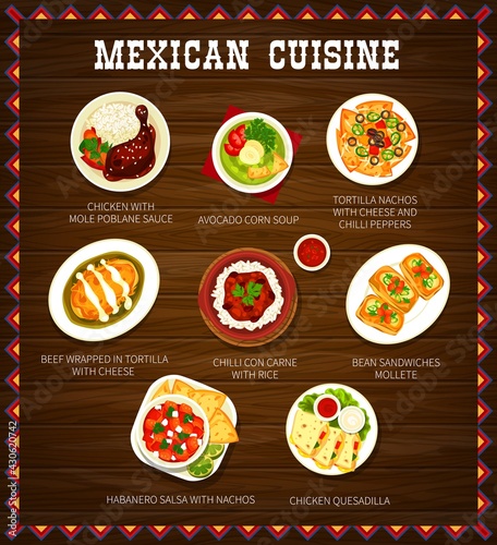 Mexican cuisine menu meals with meat, cheese and rice. Chicken with Mole Poblano sauce, avocado corn soup and Con Carne, Mollete sandwiches, Habanero salsa with nachos and chicken quesadilla vector