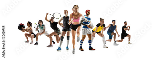 Fototapeta Naklejka Na Ścianę i Meble -  Collage of different professional sportsmen, fit people in action and motion isolated on white background. Flyer.