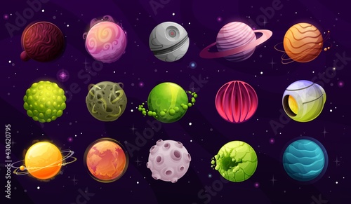 Alien planets, galaxy fantasy worlds cartoon icons. Artificial planet, satellite with hot and rocky surface, extraterrestrial organism, star and fantastic spaceship vector. Game design elements