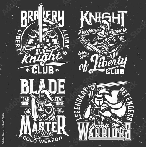 Knight warrior iron, sword t-shirt print, sport fighting club vector emblem. Medieval knight warrior with sword blade in helmet for weapon club sign, Liberty and Bravery quote for t-shirt print