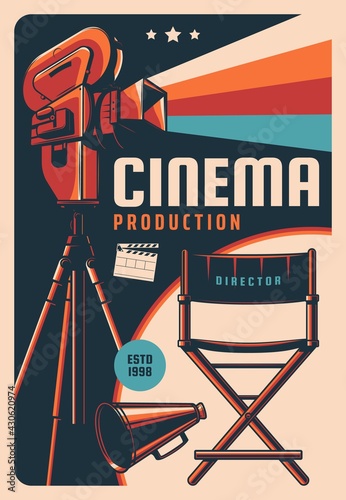 Cinema production vector retro poster with vintage video camera, clapper board and director chair. Film studio, movie entertainment, cinematography industry card with old camcorder recording movie