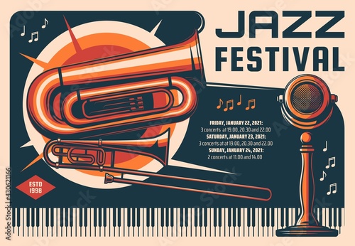 Jazz music festival retro vector banner. Live music concert, musician performance vintage poster, flyer or leaflet. Trombone and euphonium brass musical instrument, piano and old stage microphone photo