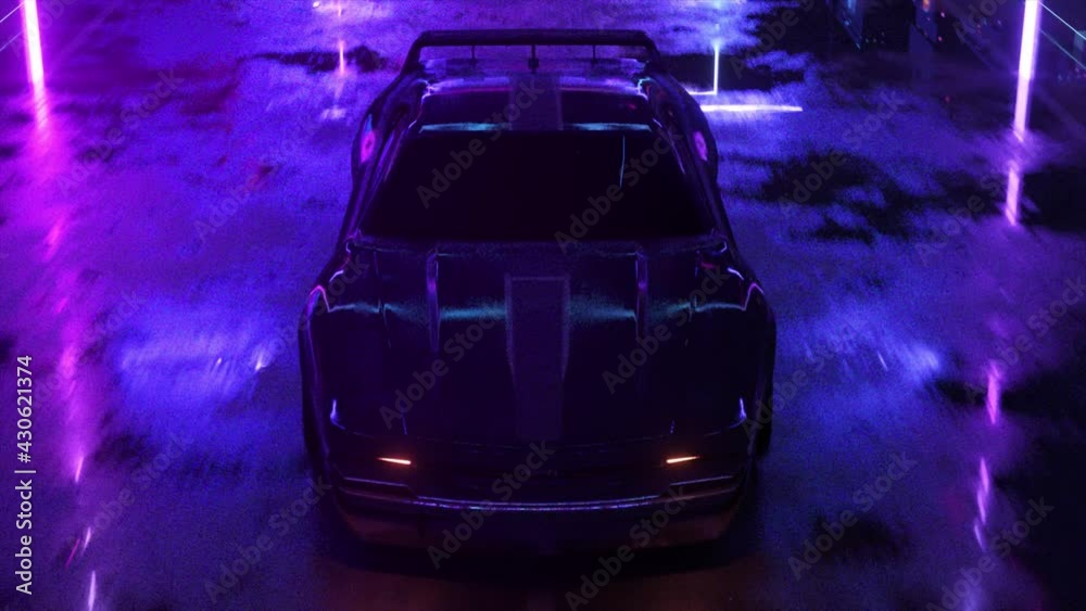 Car and city in neon cyberpunk style. 80s retrowave background 3d animation. Retro futuristic car drive through neon city.