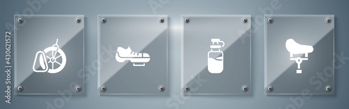 Set Bicycle seat, Sport bottle with water, shoes and parking. Square glass panels. Vector
