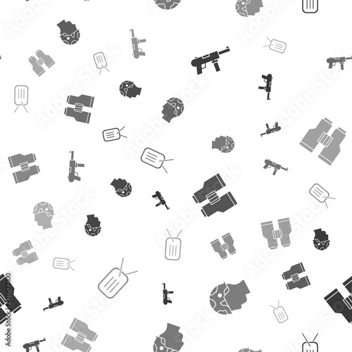 Set Submachine gun M3, Army soldier, Binoculars and Military dog tag on seamless pattern. Vector