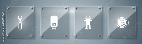 Set Water meter, filter, Electric boiler and Wrench spanner. Square glass panels. Vector