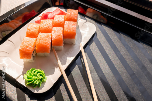 Sushi roll (Philadelphia). Sushi set philadelphia with cheese and salmon. Sushi menu. Japanese food. Copy space.
