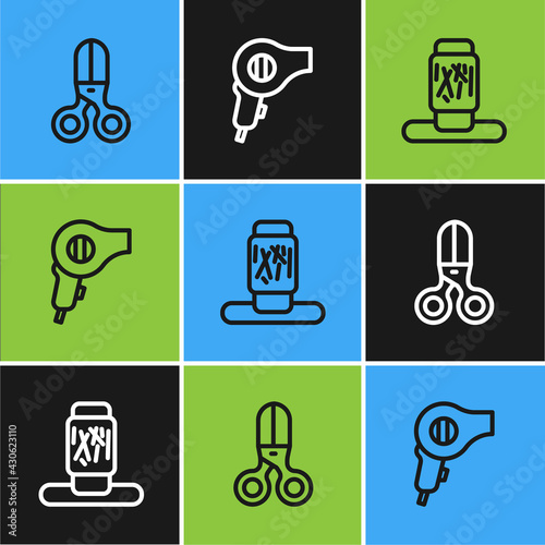 Set line Scissors hairdresser, Cat scratching post and Hair dryer icon. Vector