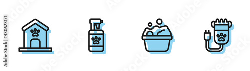 Set line Pets bath, Dog house and paw print, shampoo and Hair clipper pet icon. Vector