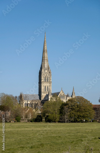 Salisbury, Wiltshire, England, UK. 2021. The famous Salisbury Cathedral viewed across the watermeadows area of the city.