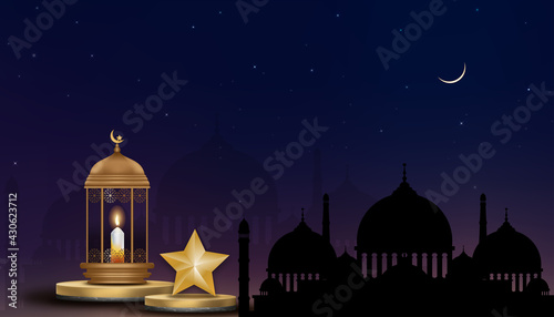 Eid Mubarak islamic greeting card,3D Podium with traditional Islamic lantern,Candle, Golden Crescent Moon and Star with silhouette Mosque background, Banner design for Muslim community festival
