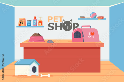 Pet shop interior with counter and shelves vector illustration. Pet carrier, bowl with food, toy mouse, dog house, shampoo, brush, ball and collar on shelf. Pet shop, domestic animals concept