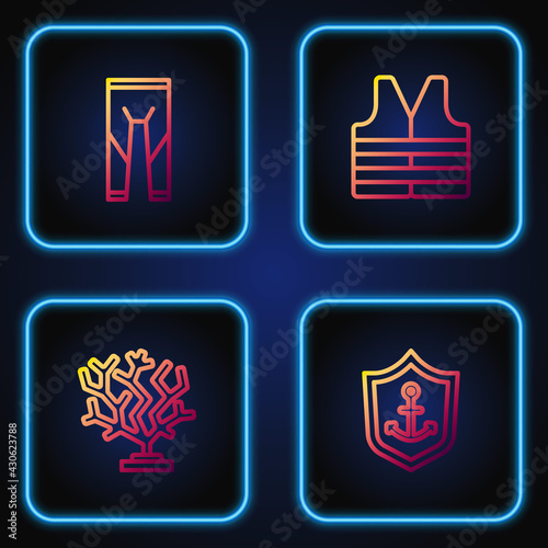 Set line Anchor inside shield, Coral, Wetsuit and Life jacket. Gradient color icons. Vector photo