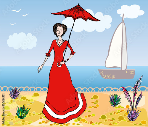 Vector illustration of lady in red dress with umbrella walking on sea embankment on summer day