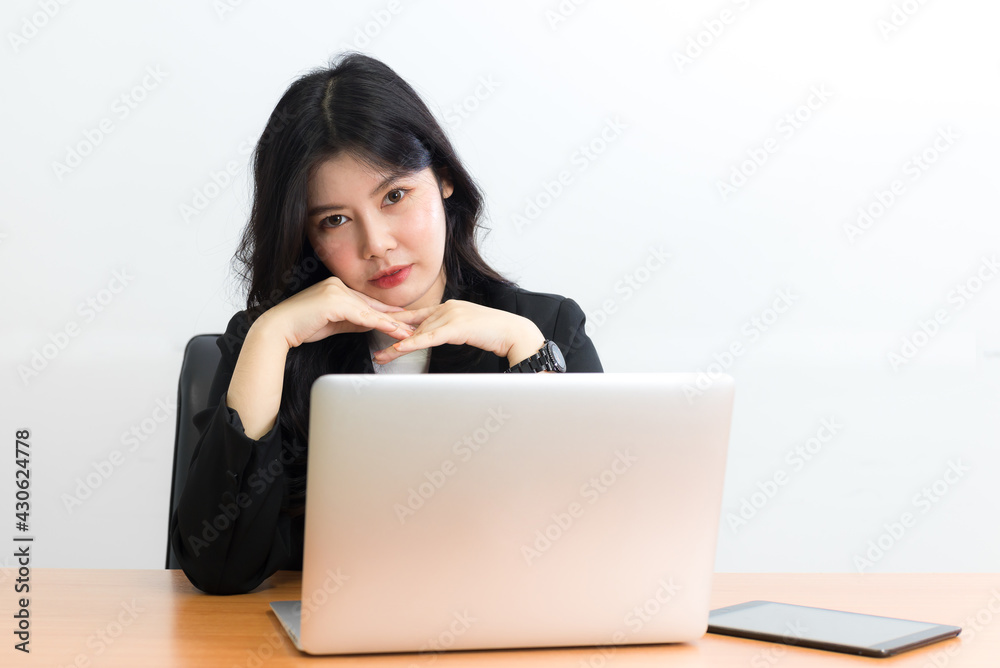 asian businesswoman with laptop and tablet on isolated white background asian businesswoman with laptop and tablet on isolated white background