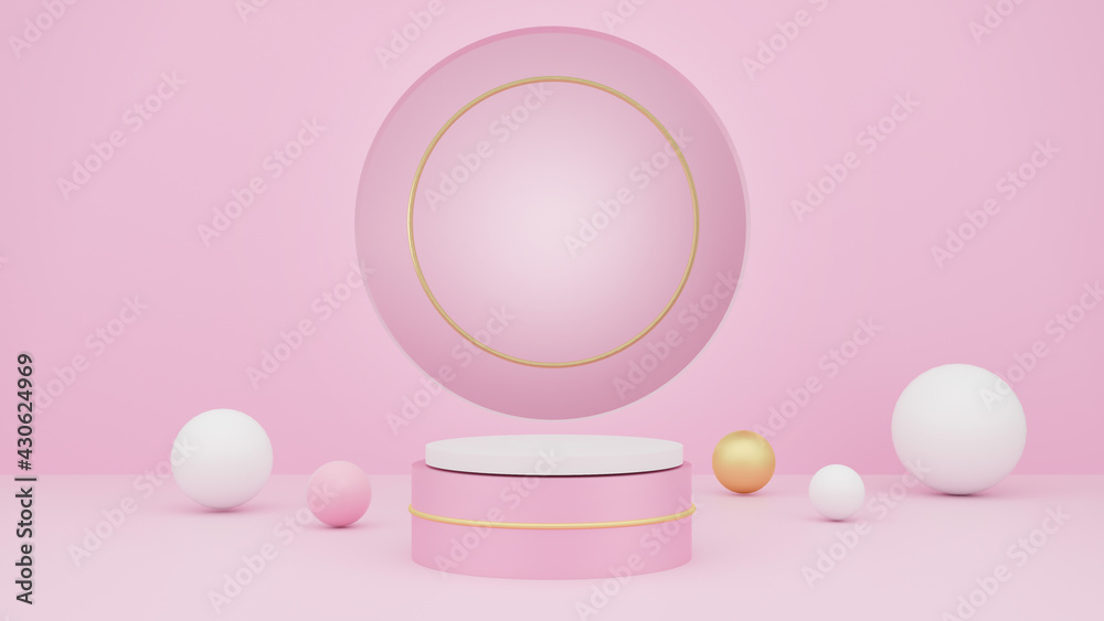 Abstract background for product display presentation, white And pink round podium podium display with ball minimal on pink wall, 3d rendering. Abstract background for product display presentation, white And pink round podium podium display with ball minimal on pink wall, 3d rendering.