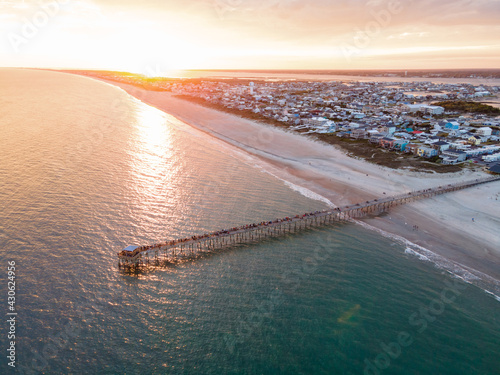 Drone View of Oceanana Pier in Atlantic Beach on the Crystal Coast of North Carolina at Sunset