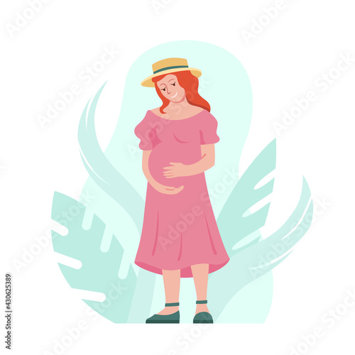 Happy pregnant woman standing cute cartoon style vector illustration. Active pregnancy, motherhood concept.
