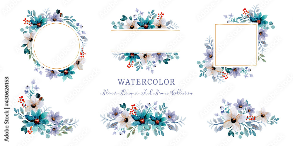 Watercolor wild flower bouquet and frame collection