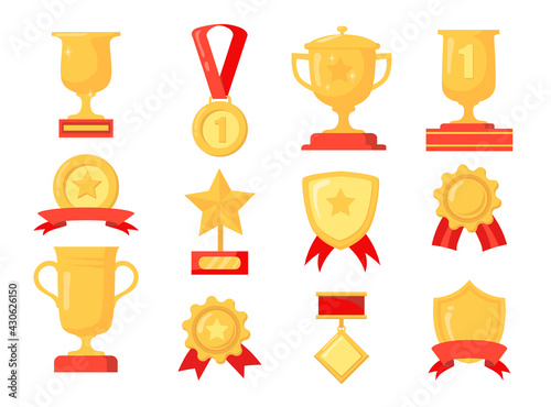 Cartoon set of different golden awards for winner. Flat vector illustration. Collection of colorful medals, cups, trophies in gold isolated on white background. Prize, victory, win, sport concept