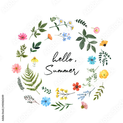 Watercolor floral wreath with cute colorful flowers, green leaves, herbs. Hand painted botanical image isolated on white background. Summer meadow wildflowers frame.