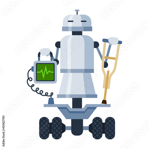 Robot nurse keeping medical equipment screen, crutch cartoon icon. Humanoid medical assistant helper.