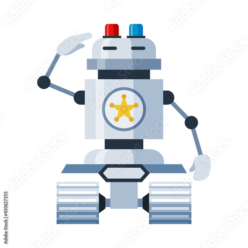 Robot police officer cartoon icon. Electronic copper on wheels with warning flashing lights.