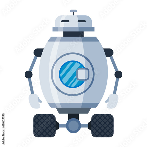 Robot laundry on wheels cartoon icon. Anthropomorphous mechanism with washing machine.