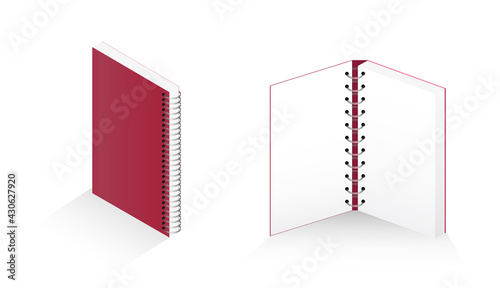 Set from a closed and open book, notebook, notebook, magazine. Vector 3D illustration of a red notebook on a white background for your design with circular spiral binding. Silver spiral