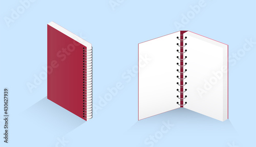 Set from a closed and open book, notebook, notebook, magazine. Vector 3D illustration of a red notebook on a blue background for your design with circular spiral binding. Silver spiral