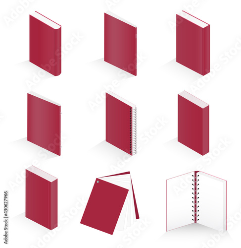 Set of vector isometric illustrations of book, notebook, notepad, magazine, booklet, brochure, book isolated on white background. Notebooks open and closed