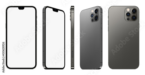 smartphone frameless grey color with blank screen saver front and backside view isolated on white background. mockup of realistic new mobile phone with shadow. vector 3d isometric illustration