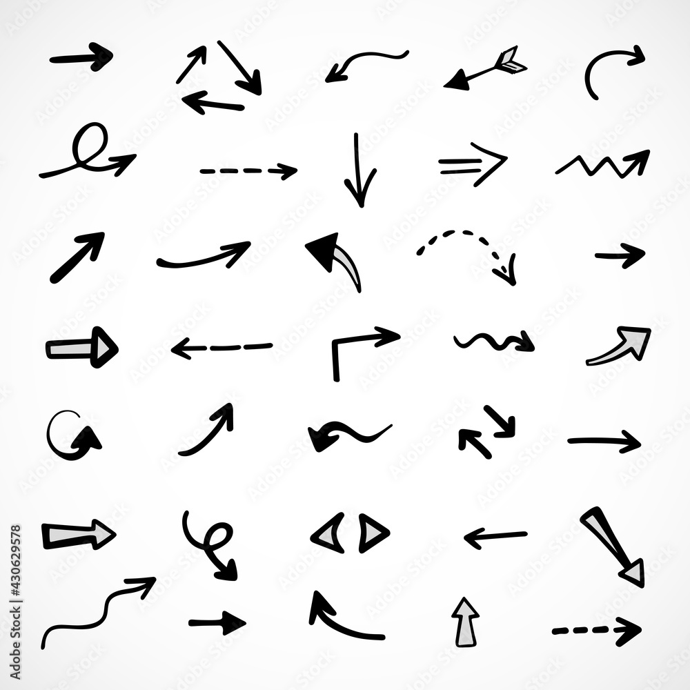 Vector set of hand-drawn arrows, elements for presentation