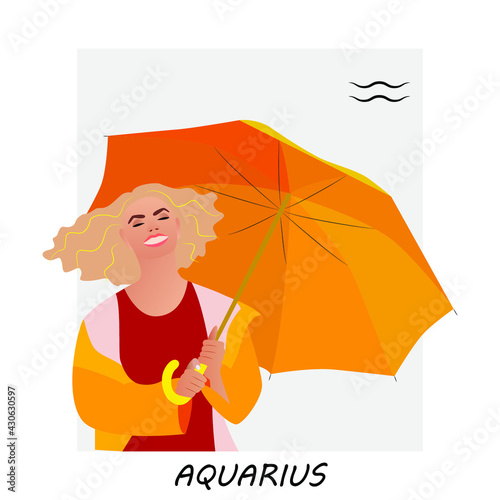 Aquarius horoscope. Zodiac sign Aquarius. Girl with an umbrella in the rain.