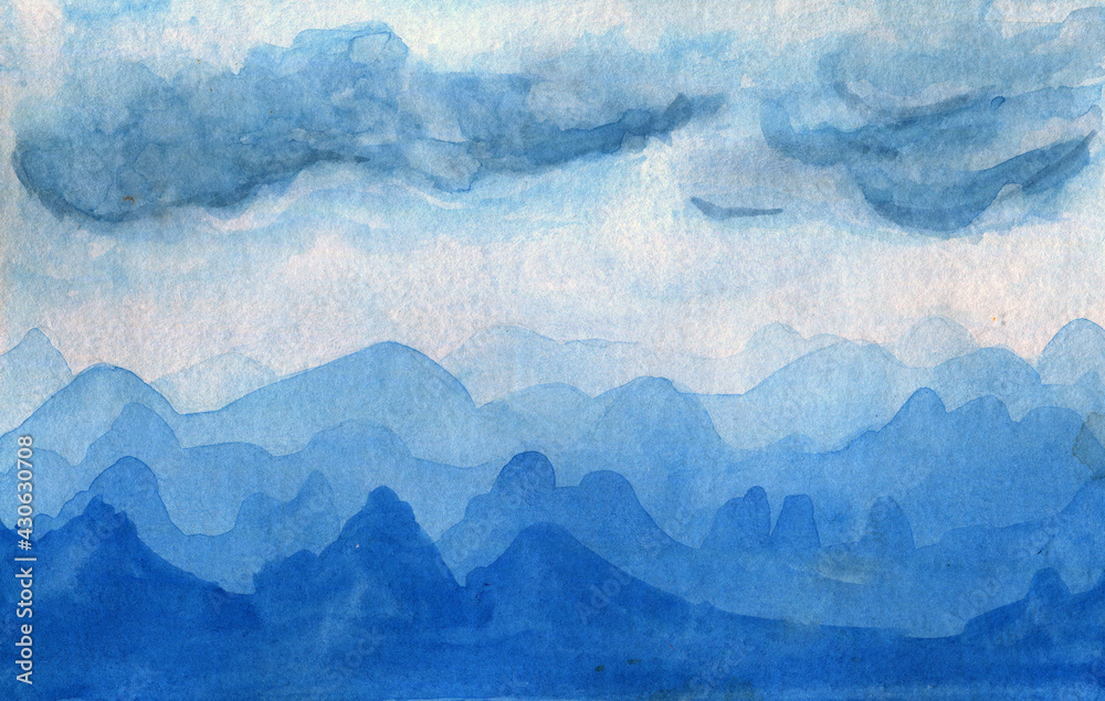 Sfondo montagne azzurre, velatura acquerello