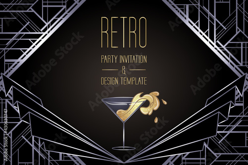 Art Deco vintage gold and silver design element over black. Retro party geometric background set 1920 style. Vector illustration for glamour party, thematic wedding or textile prints.