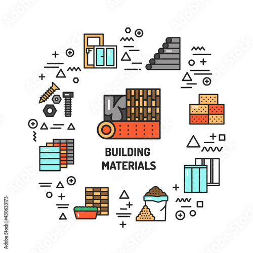 Construction materials web banner. Infographics with linear icons on white background. Creative idea concept. Isolated outline color illustration