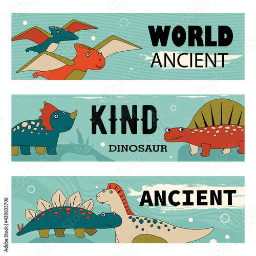 Kind dino characters banners set cartoon vector illustration. Banners with cute and funny prehistoric animals in colorful background. Dinosaur, history, ancient concept for banner design, landing page photo