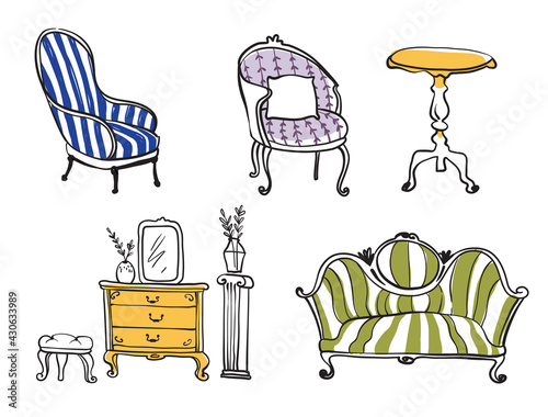 Set of antique furniture objects, line drawing vector art