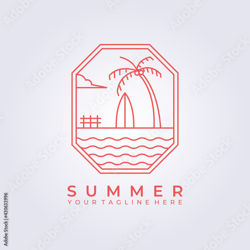 ocean surf beach hawaii logo vector icon line art simple illustration design frame logo badge emblem