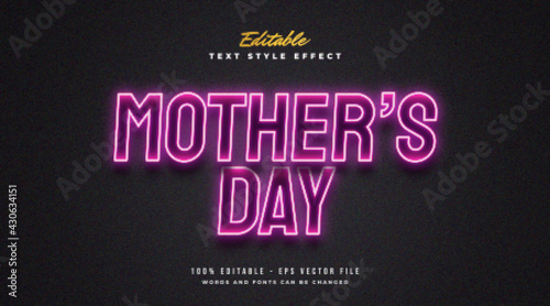 Mother's Day Text in Glowing Pink Neon Effect. Editable Text Style Effect