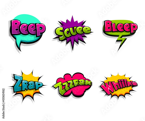 Lettering beep, zrap, wow noise. Comic text logo sound effects. Vector bubble icon speech phrase, cartoon font label, sounds illustration. Comics book funny text.
