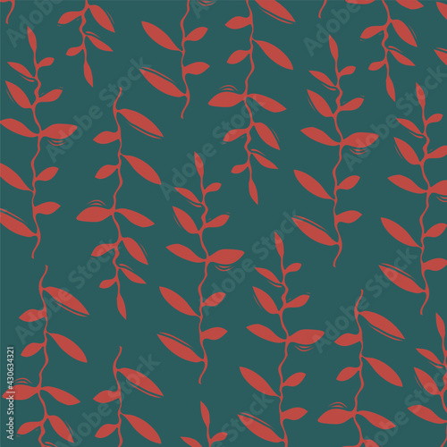 Vector square linocut pattern with red plants on a black background. Vector red and gray floral print.