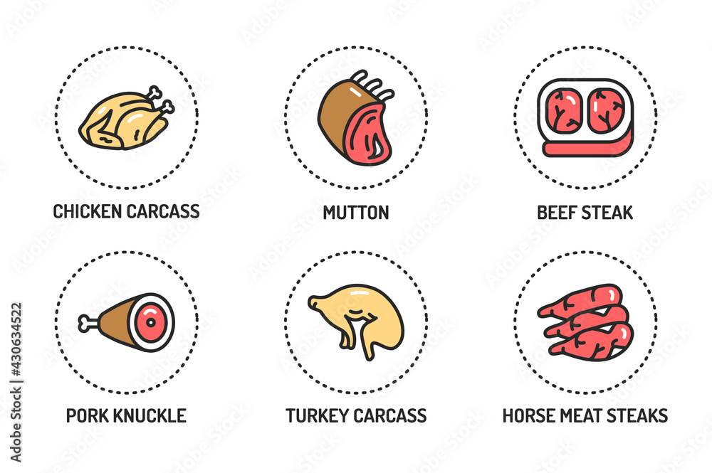 Meat color line icons set. Isolated vector element. Outline pictograms for web page, mobile app