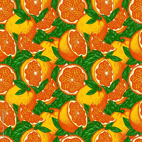 Vector pattern with bright acidic fluorescent stylized oranges and green leaves tightly adjacent to each other.
