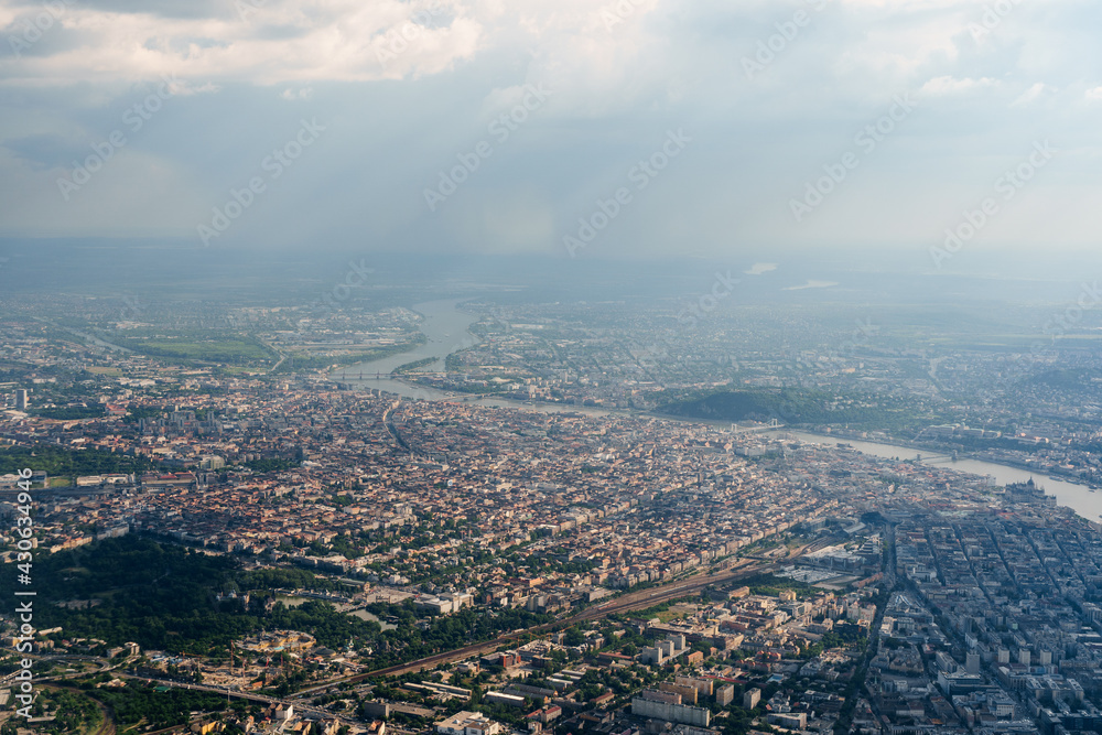 View from the plane window of the Danube River dividing Budapest into two parts.