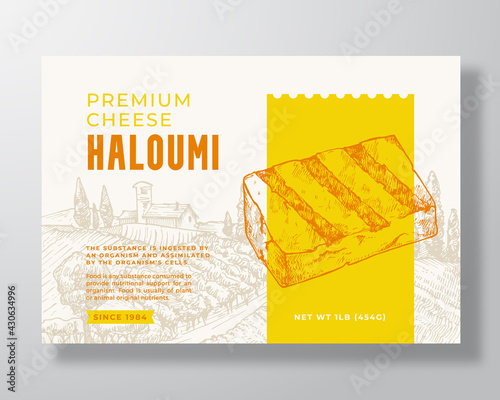 Premium Local Haloumi Food Label Template. Abstract Vector Packaging Design Layout. Modern Typography Banner with Hand Drawn Cheese Piece and Rural Landscape Background. Isolated
