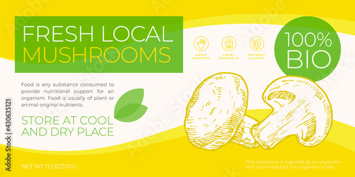 Fresh Local Vegetables Label Template. Abstract Vector Horiontal Packaging Design Layout. Modern Typography Banner with Hand Drawn Mushroom Sketch Silhouette Background. Isolated