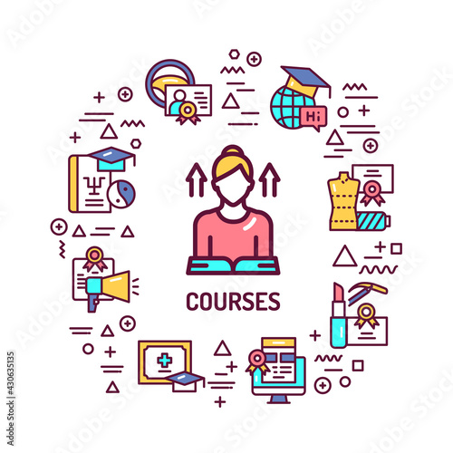 Courses web banner. Infographics with linear icons on white background. Creative idea concept. Isolated outline color illustration.