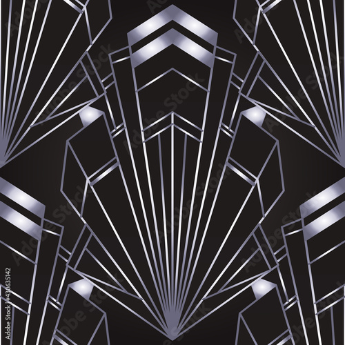 Art deco style geometric seamless pattern in black and silver. Vector illustration. Roaring 1920 s design. Jazz era inspired . 20 s. Vintage Fabric, textile, wrapping paper, wallpaper.